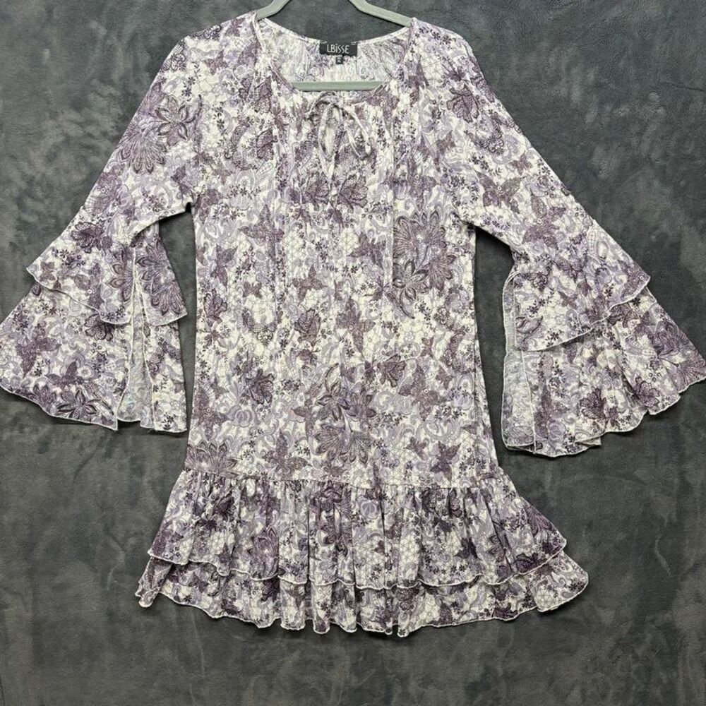 Lbisse Women’s XL Whimsy Purple Floral Butterfly Tunic Dress Bell Sleeve Ruffled